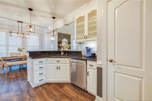 kitchen featuring sink, white cabinetry, dishwasher, pendant lighting, and dark wood-type flooring