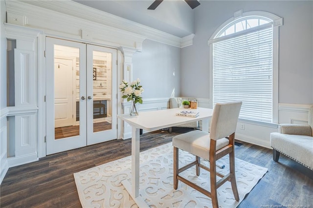 dining room with french doors, dark hardwood / wood-style flooring, and ceiling fan