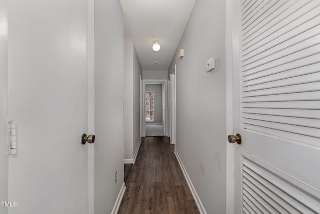 hall featuring dark hardwood / wood-style flooring and a textured ceiling