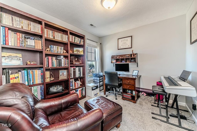 carpeted office with a textured ceiling