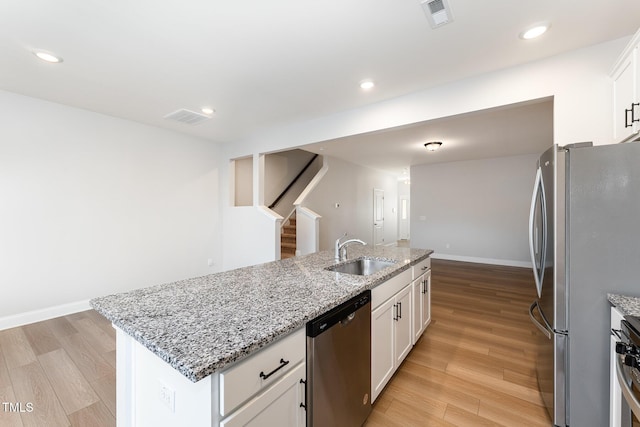 kitchen with stainless steel appliances, sink, white cabinetry, light stone countertops, and a center island with sink