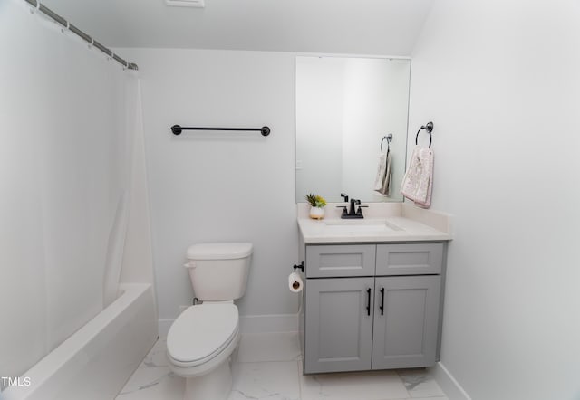 full bathroom with toilet, vanity, and shower / bathtub combination with curtain