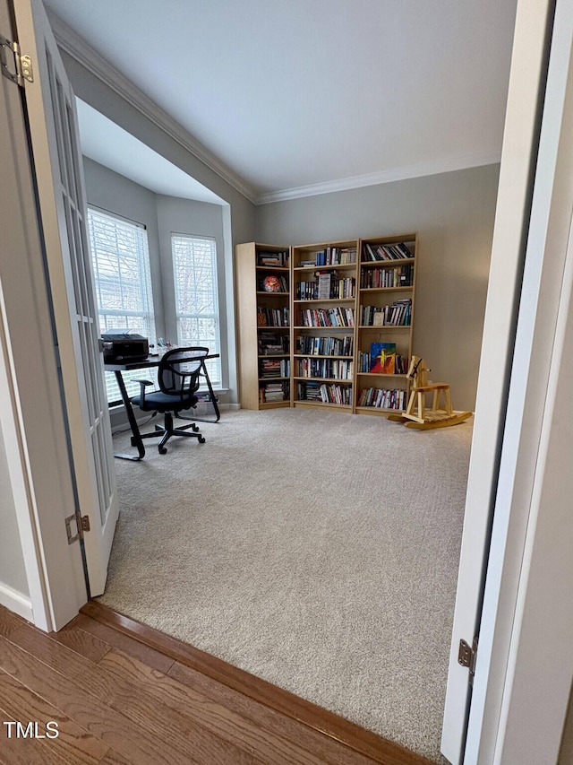 carpeted office space with crown molding