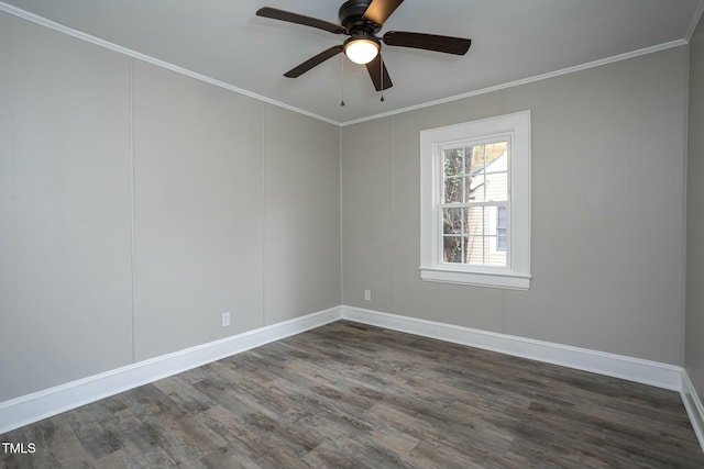 unfurnished room with a ceiling fan, dark wood-style flooring, and crown molding