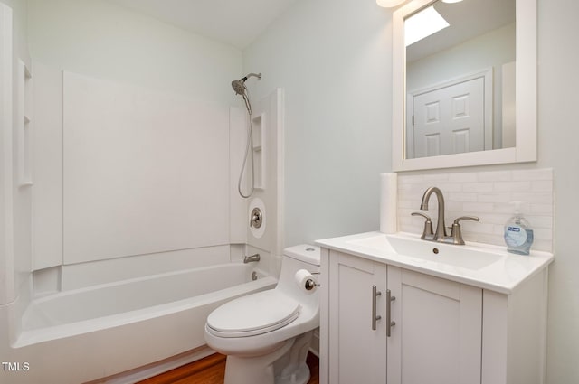 full bathroom with toilet, vanity, shower / bathtub combination, and decorative backsplash