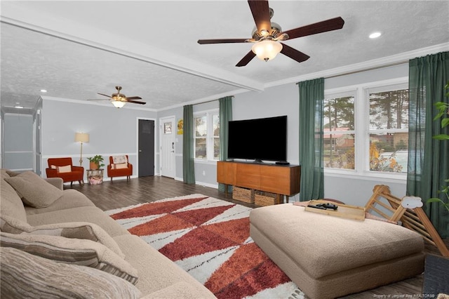 living room with a healthy amount of sunlight, dark wood-type flooring, and ornamental molding