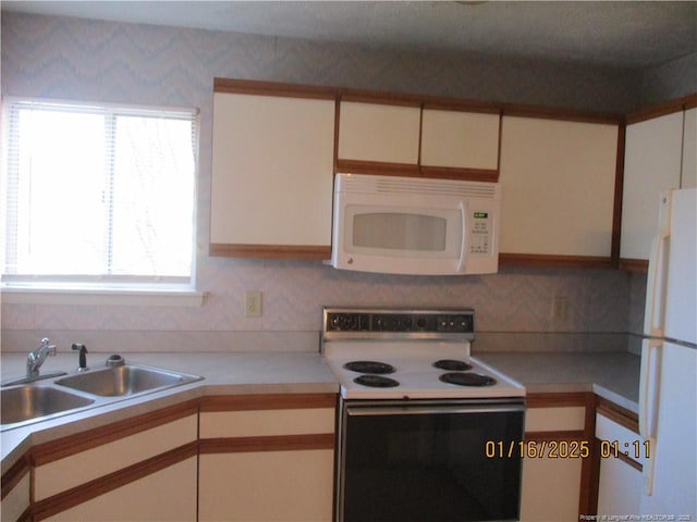 kitchen featuring white appliances, white cabinets, and sink