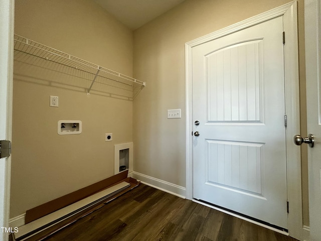 clothes washing area featuring hookup for a washing machine, laundry area, baseboards, dark wood finished floors, and electric dryer hookup