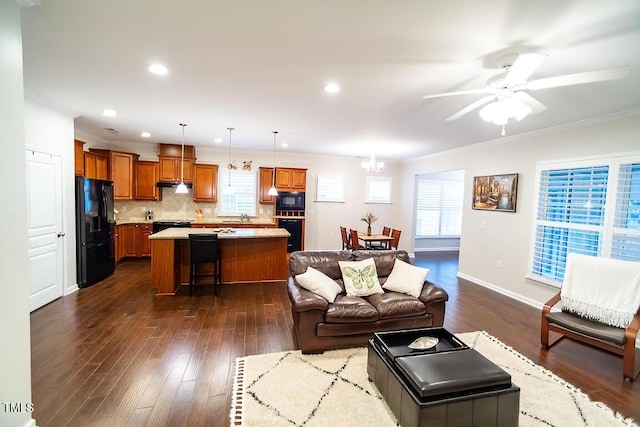 living room with sink, ceiling fan with notable chandelier, ornamental molding, and dark hardwood / wood-style floors