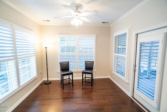 sitting room featuring ornamental molding, ceiling fan, and dark hardwood / wood-style flooring