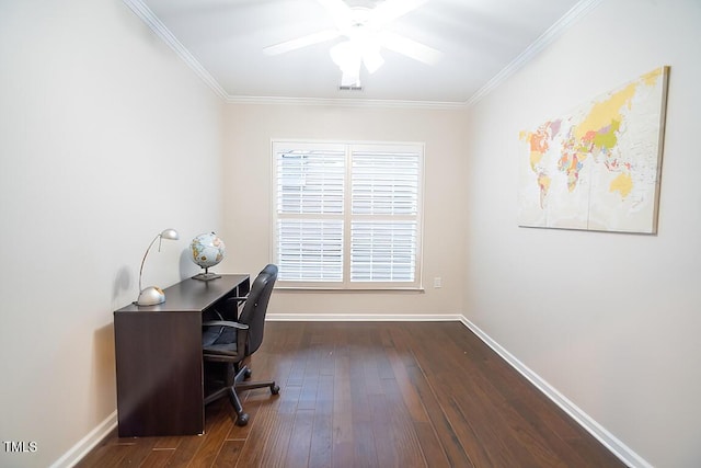 home office with ceiling fan, ornamental molding, and dark hardwood / wood-style floors