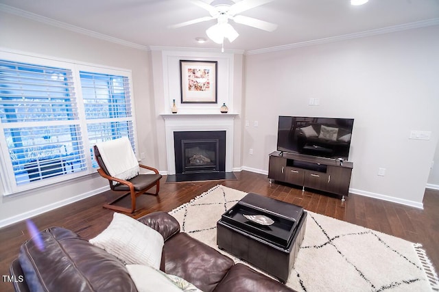 living room with ornamental molding, a large fireplace, and dark hardwood / wood-style floors