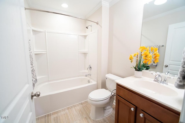 full bathroom with crown molding, tub / shower combination, vanity, and toilet