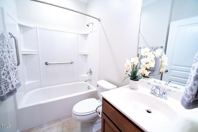 full bathroom with crown molding, bathing tub / shower combination, tile patterned flooring, vanity, and toilet