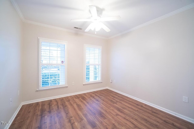 unfurnished room with ceiling fan, ornamental molding, and dark hardwood / wood-style flooring