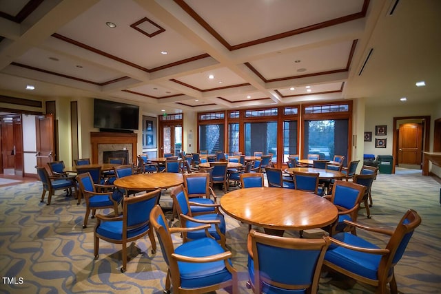 dining room featuring beamed ceiling, coffered ceiling, and carpet floors