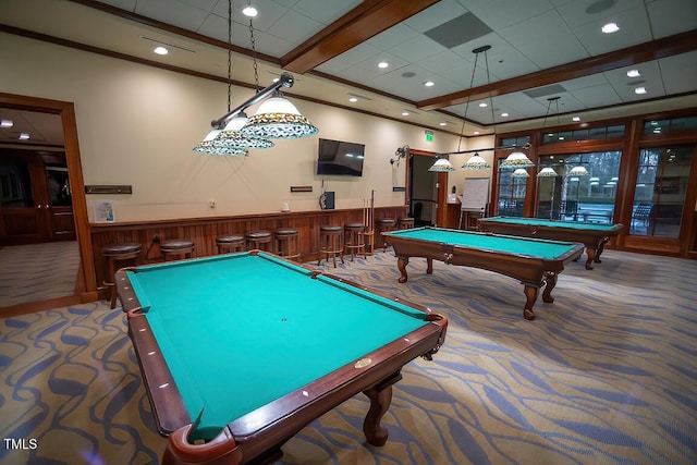 rec room featuring dark colored carpet, indoor bar, and billiards