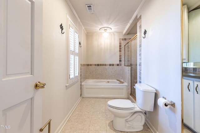 full bath with a shower with door, visible vents, toilet, a garden tub, and tile patterned floors