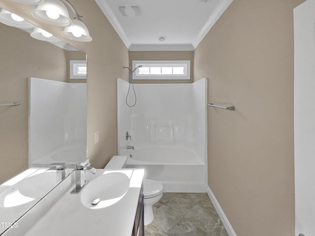 full bathroom with shower / tub combination, vanity, ornamental molding, and toilet