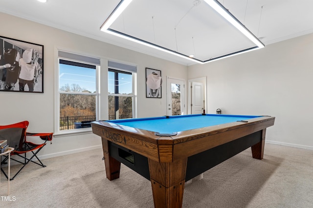 game room featuring light carpet, ornamental molding, and pool table