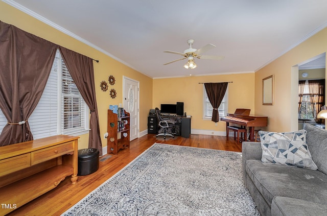 living room featuring ceiling fan, hardwood / wood-style flooring, and ornamental molding