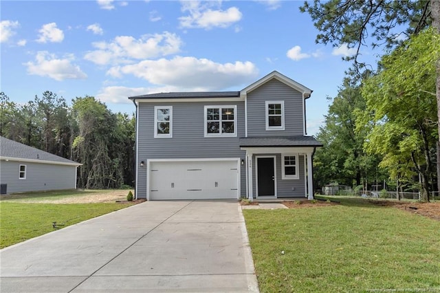 front facade with a front yard and a garage