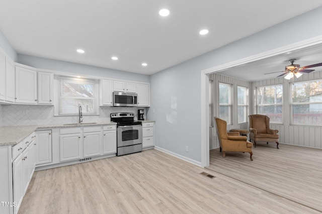 kitchen with stainless steel appliances, sink, decorative backsplash, and white cabinets