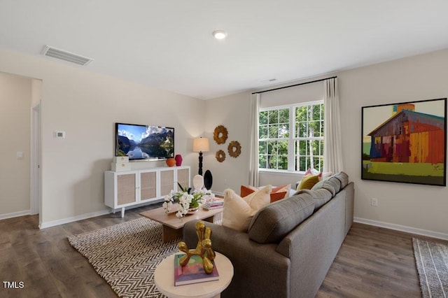 living room featuring dark wood-type flooring