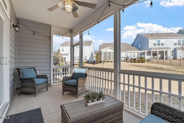 exterior space with ceiling fan