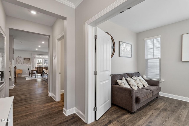 living area with dark wood-type flooring, ornamental molding, and a healthy amount of sunlight