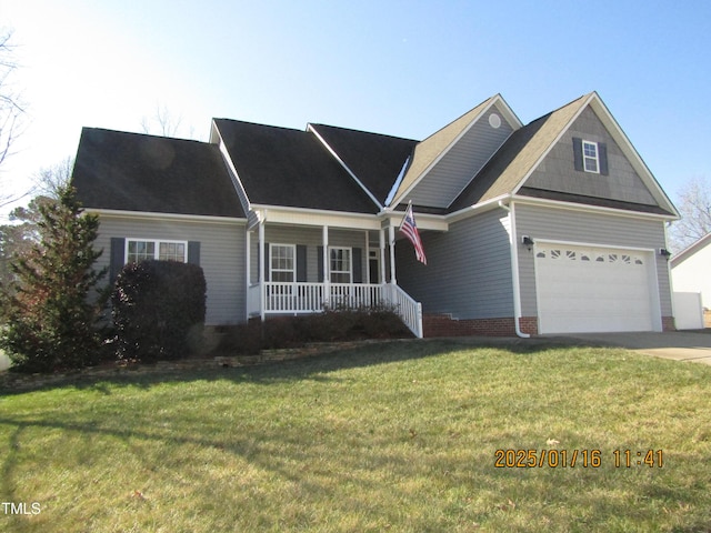 view of front facade with covered porch, a front lawn, and a garage