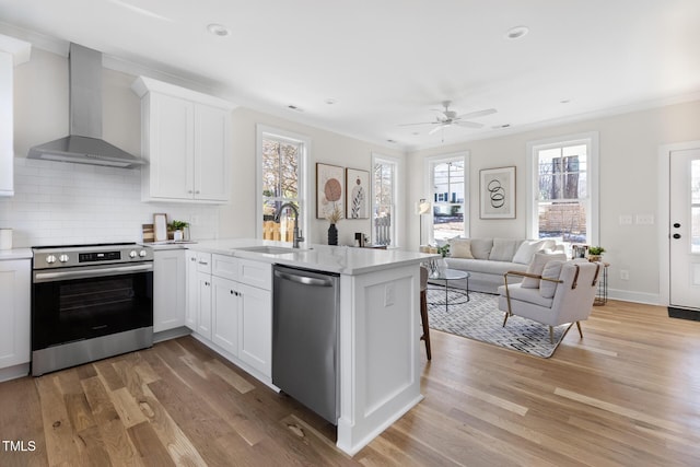 kitchen featuring kitchen peninsula, wall chimney exhaust hood, stainless steel appliances, white cabinetry, and sink