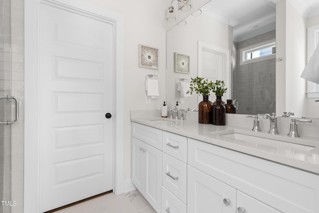 bathroom featuring walk in shower and vanity