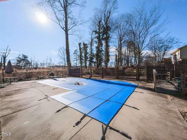 view of pool with a patio area and a diving board