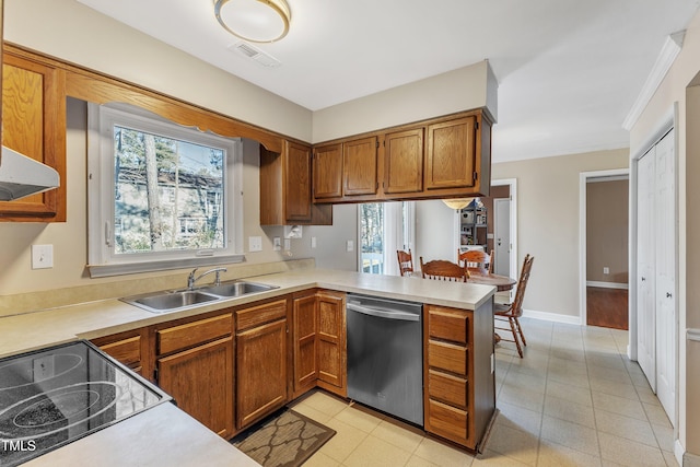 kitchen featuring ornamental molding, stainless steel dishwasher, kitchen peninsula, and sink