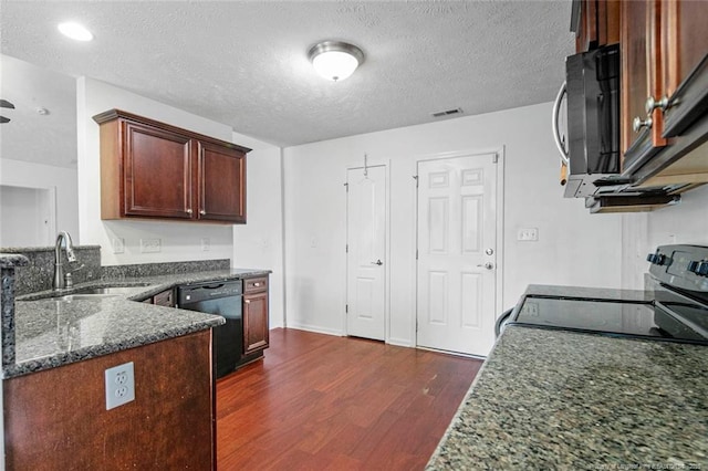 kitchen featuring range with electric cooktop, black dishwasher, dark wood-type flooring, a textured ceiling, and sink