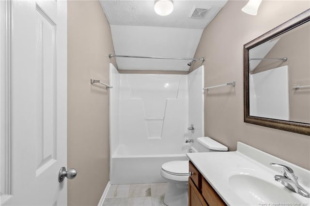 full bathroom with toilet, vanity, a textured ceiling, and shower / bath combination