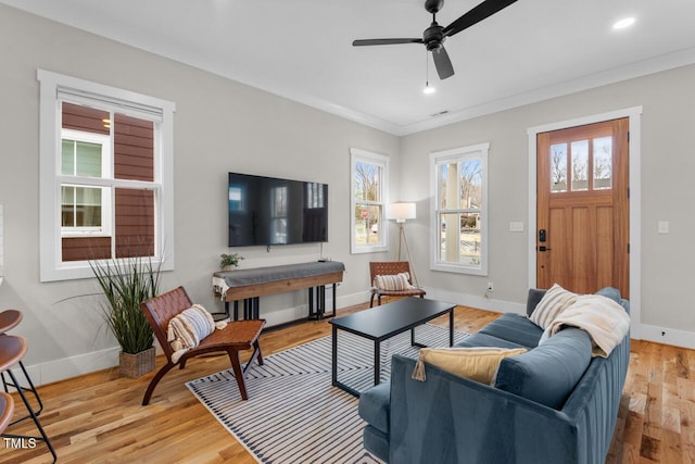 living room with crown molding, a healthy amount of sunlight, and light hardwood / wood-style floors