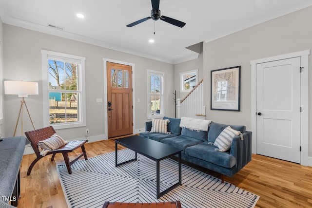 living room featuring crown molding, ceiling fan, and light hardwood / wood-style flooring