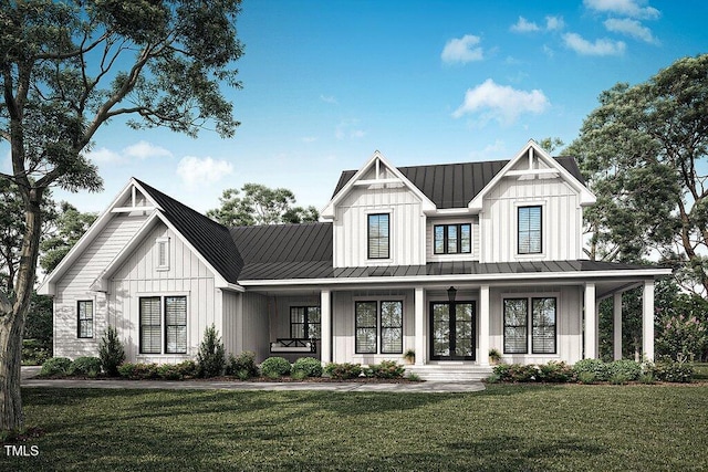 modern farmhouse style home with a porch, french doors, and a front lawn