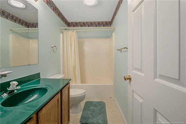 full bathroom with toilet, a textured ceiling, shower / tub combo with curtain, and vanity