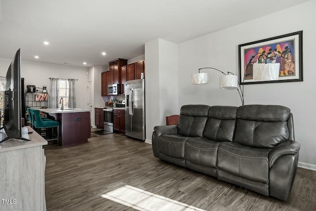 living room featuring sink and dark hardwood / wood-style flooring