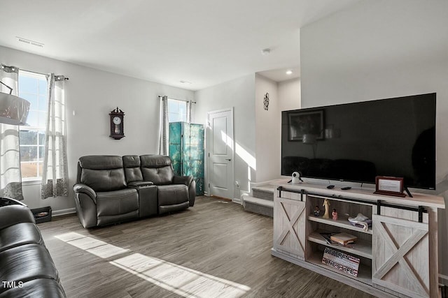 living room with plenty of natural light and hardwood / wood-style floors