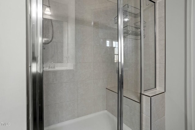 bathroom featuring a shower with shower door