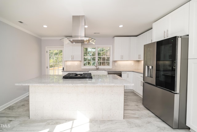 kitchen featuring white cabinetry, island range hood, a center island, stainless steel fridge with ice dispenser, and light stone countertops