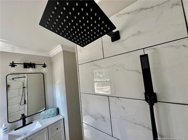 bathroom with vanity, walk in shower, and crown molding