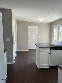 kitchen with white cabinetry, white dishwasher, and dark wood-type flooring