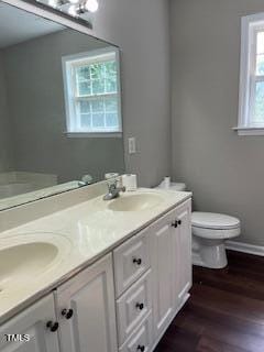 bathroom featuring hardwood / wood-style flooring, vanity, and toilet