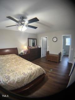 bedroom featuring a ceiling fan and wood finished floors