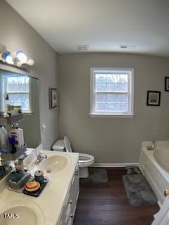 full bathroom featuring a sink, toilet, wood finished floors, and double vanity